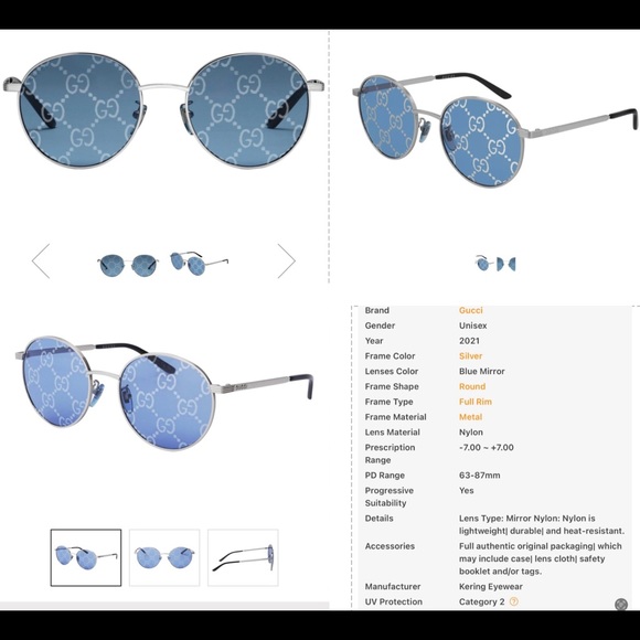 GUCCI “GG” INTERLOCKING LOGO IMPRINTED ON BLUE / SILVER MIRROR ROUND SUNGLASSES - Picture 9 of 16